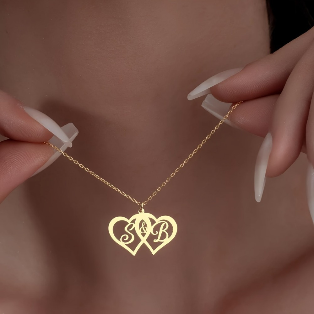 Custom Double Heart Letter Pendant Necklace — Romantic Gift